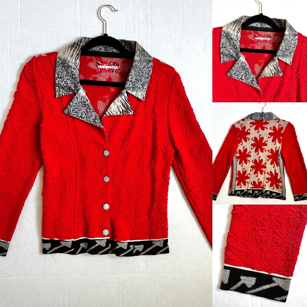 Vintage Eva & Claudi Cardigan Sweater Women's Small Red Floral Knit Button Up